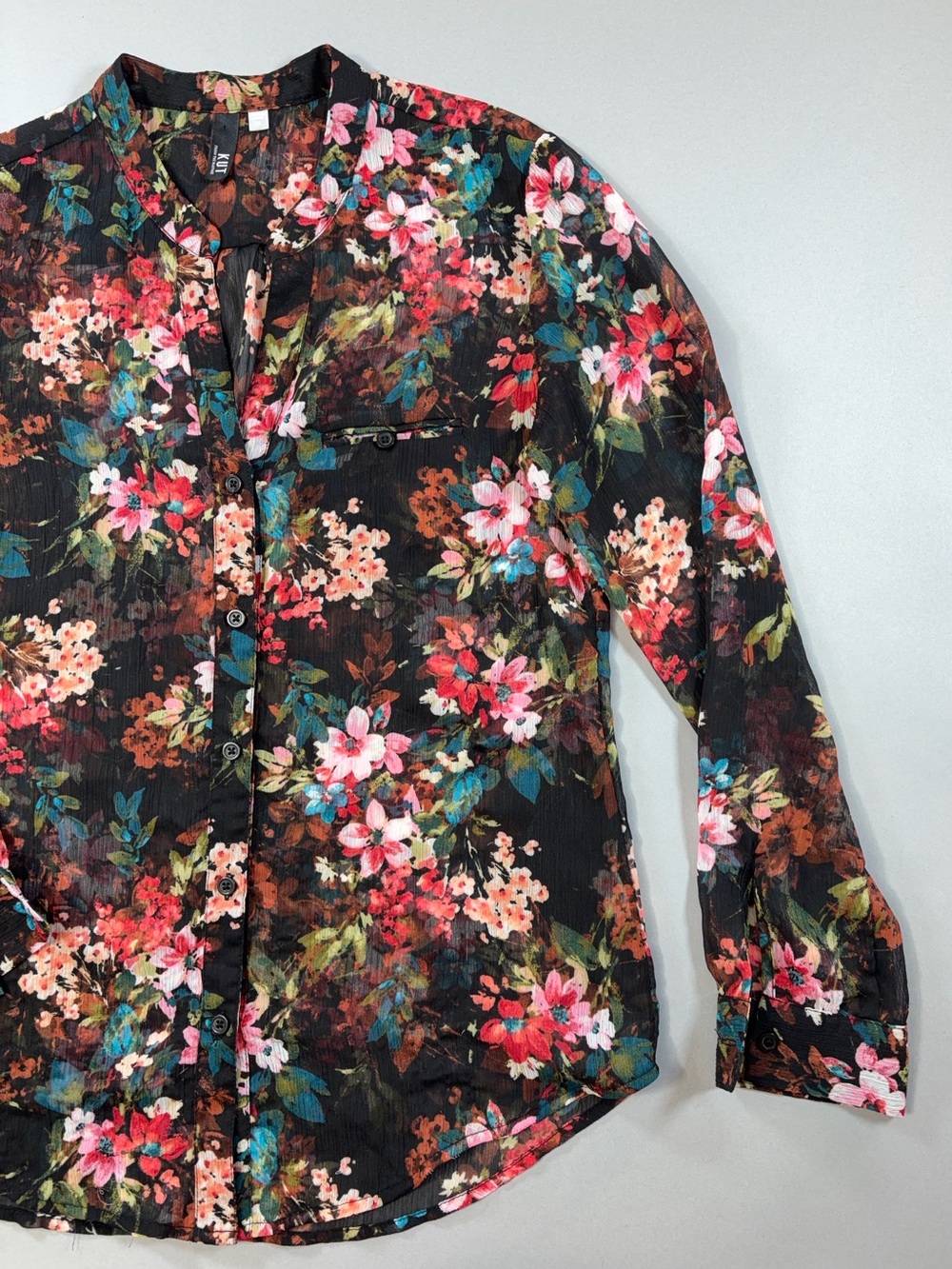 KUT From the Kloth Black Floral Sheer Button Down Blouse M Roll Tab Sleeves